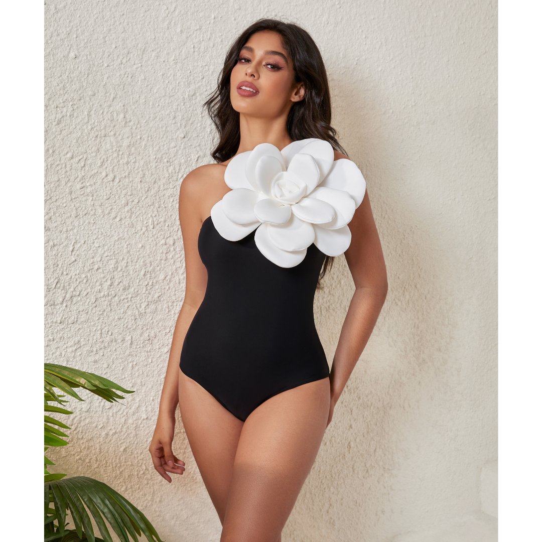 3D Flower One Shoulder One Piece Swimsuit and Skirt