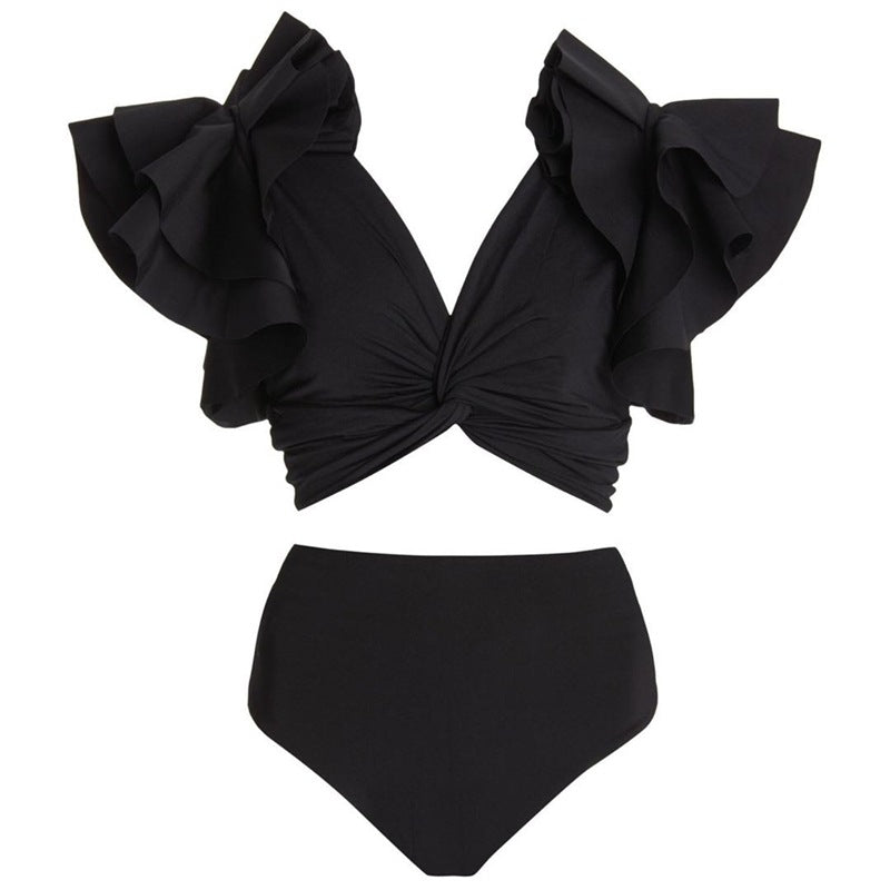 Ruffle Solid Black Bikini Swimsuit