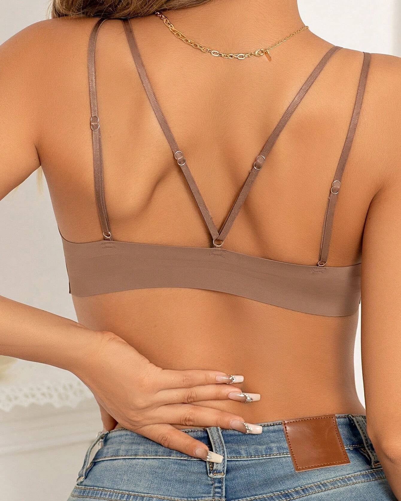 Front Closure Wireless Cross Straps Bra-Brown