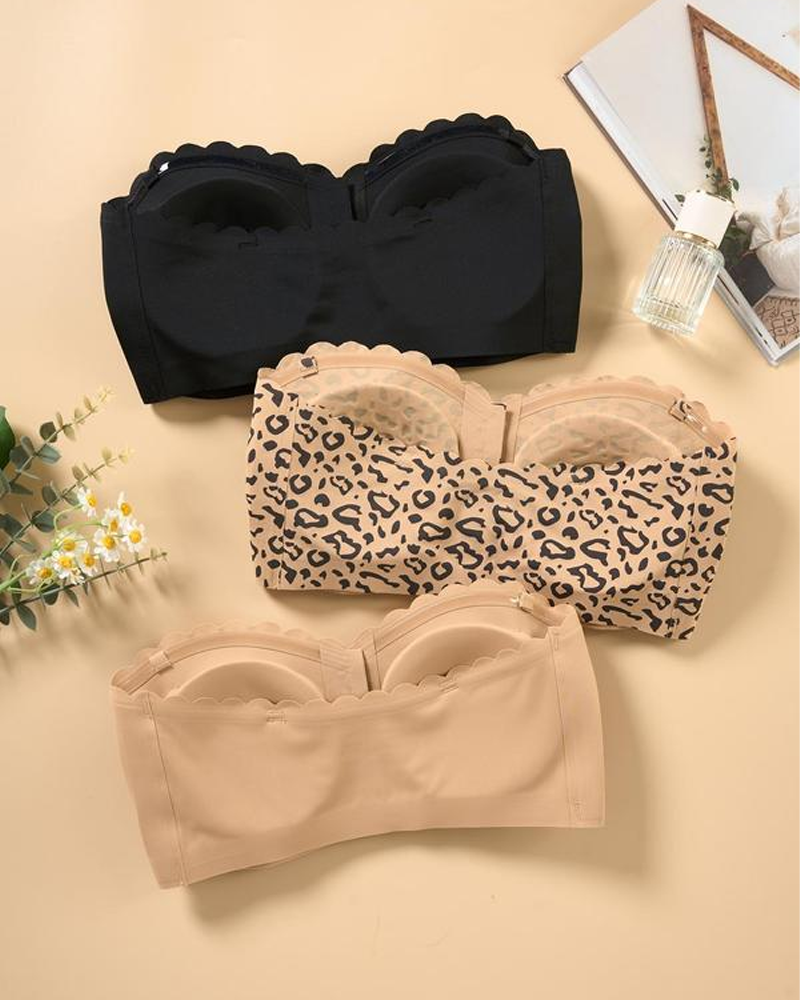 Women's Solid Color/Leopard Print Strapless Bra Scalloped Edge Decorated Front Buckle Non-Steel Ring Lift-Up Bra