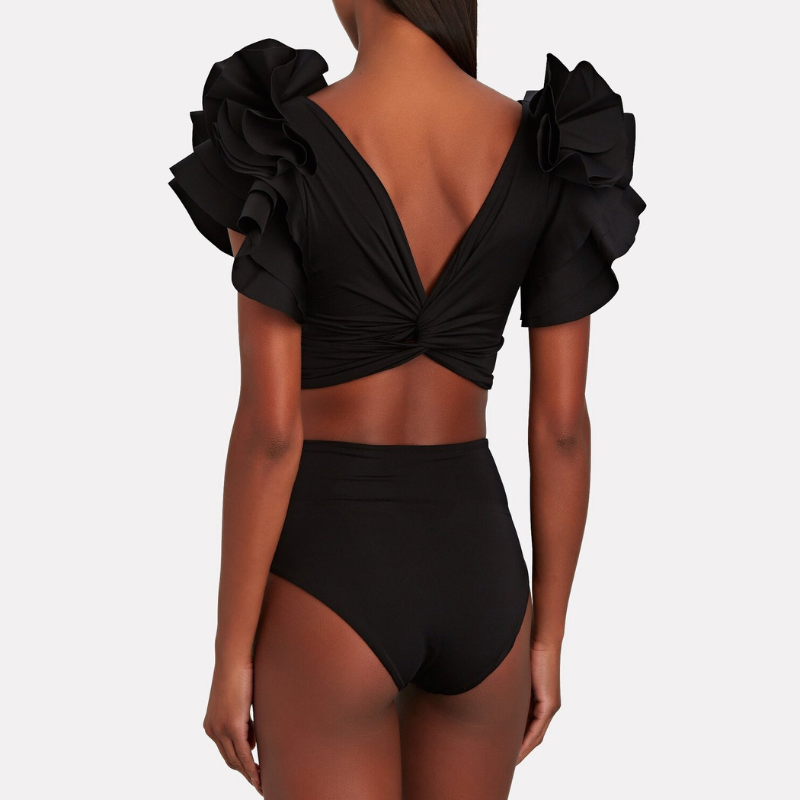 Ruffle Solid Black Bikini Swimsuit