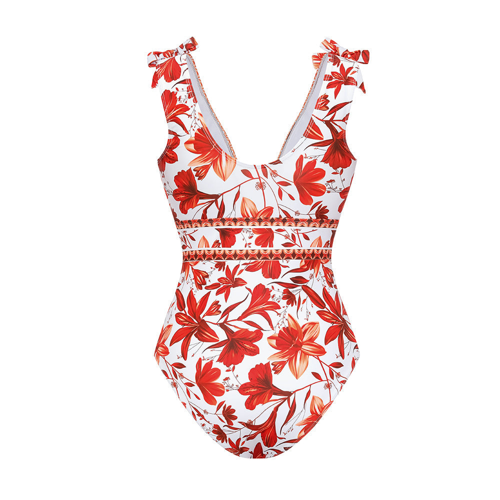 V Neck Lace Up Printed One Piece Swimsuit and Skirt