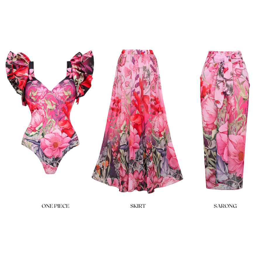 Ruffled Blooming Flowers Print One Piece Swimsuit and Sarong