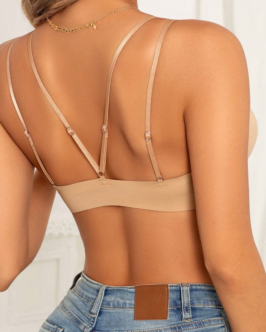 Front Closure Wireless Cross Straps Bra-Tan