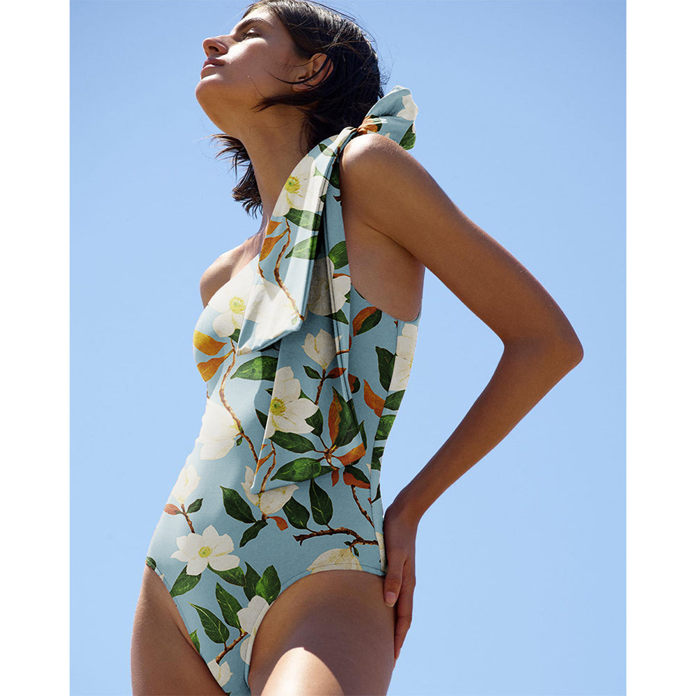 Magnolia Printed One Shoulder One Piece Swimsuit and Skirt