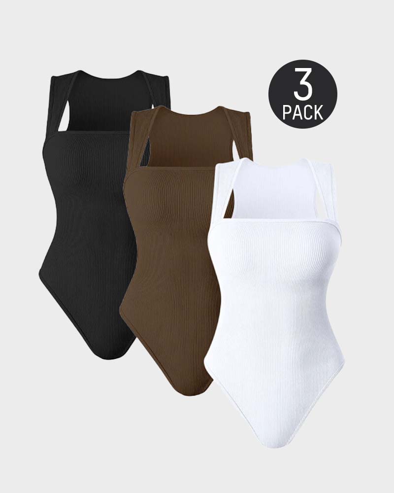 Square Neck Sleeveless Knit Ribbed Seamless Tummy Control Tank Tops Bodysuit