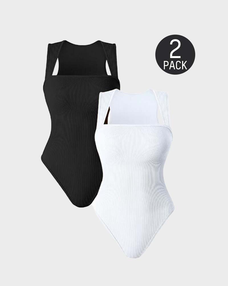 Square Neck Sleeveless Knit Ribbed Seamless Tummy Control Tank Tops Bodysuit