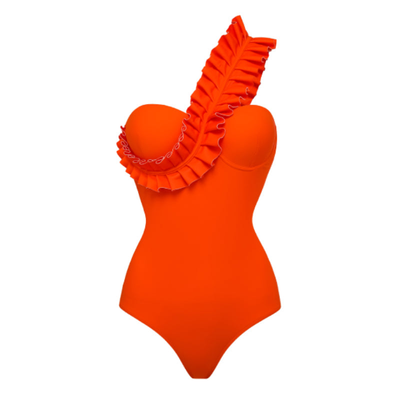 One Shoulder Ruffle One Piece Orange Swimsuit and Sarong