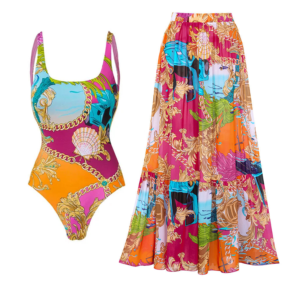 Round Neck Shell Print One Piece Swimsuit and Sarong or Skirt