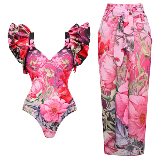 Ruffled Blooming Flowers Print One Piece Swimsuit and Sarong