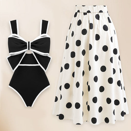 Black and White Bow Decor One Piece Swimsuit and Skirt