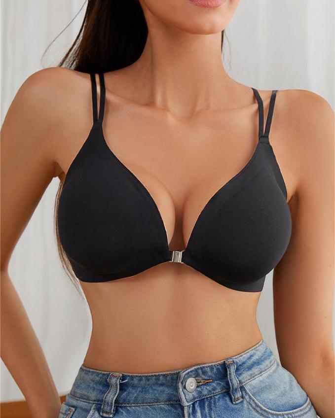 Front Closure Wireless Cross Straps Bra-Black