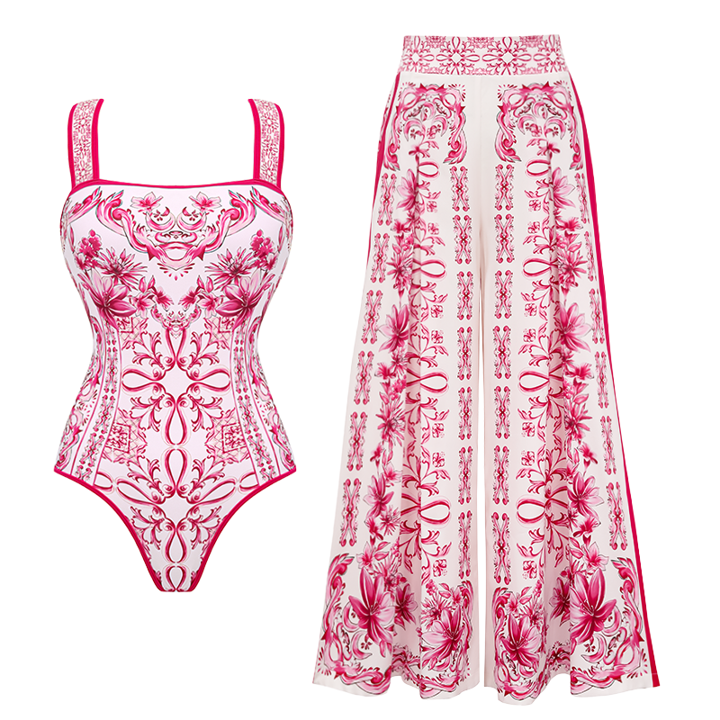 Sling Lily and Majolica Series Pattern Print One Piece Swimsuit and Skirt or Pants