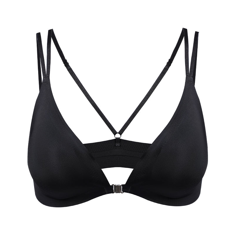 Front Closure Wireless Cross Straps Bra-Black