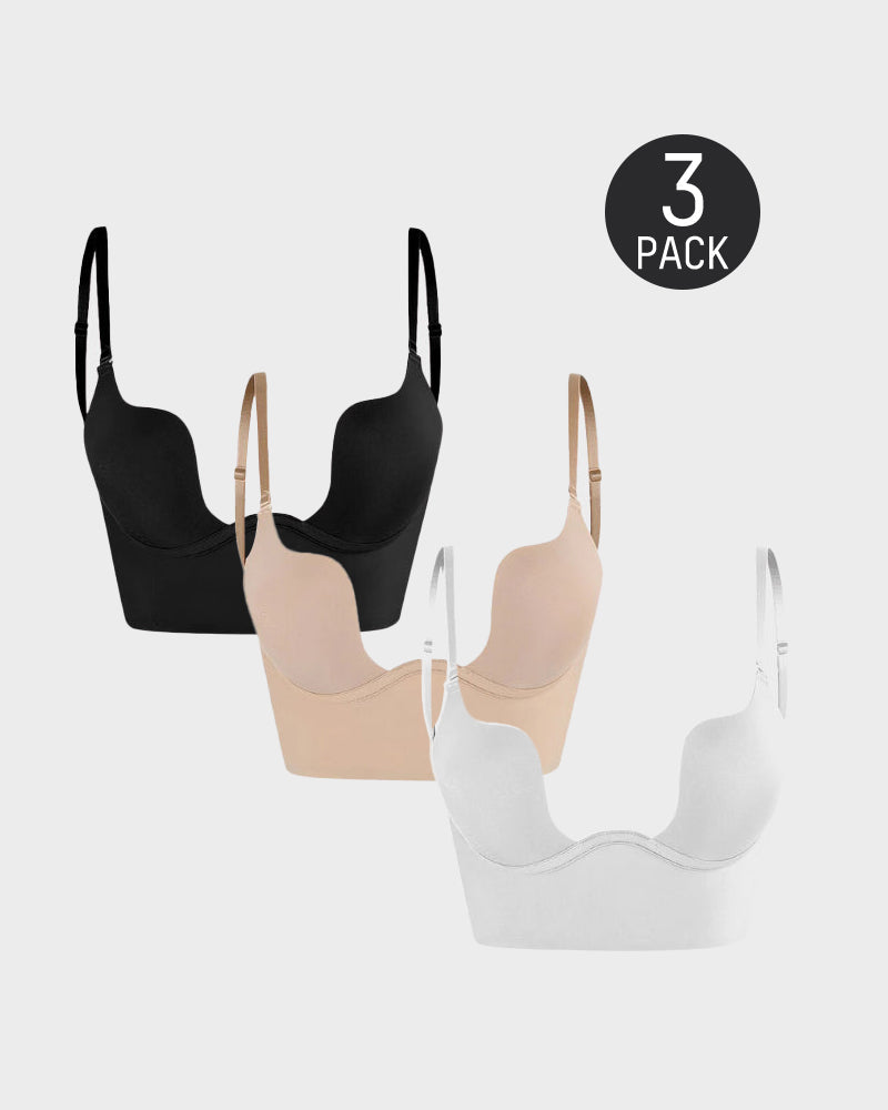 [3 Pack]Low Back Secret Plunge Bra - Black+Beige+White