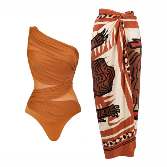 One Shoulder Ruched Rust See Through One Piece Swimsuit and Sarong