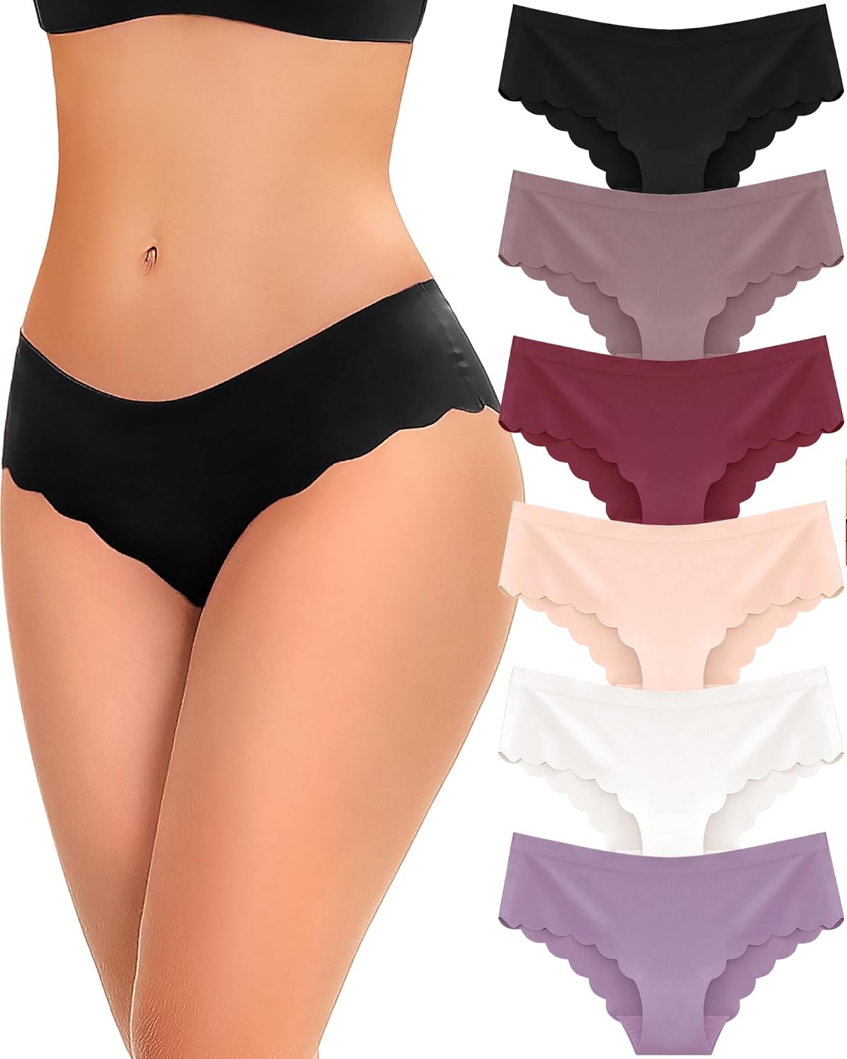 6-Pack Seamless Underwear for Women Sexy Low Rise Hipster Wave Edge No Show Bikini Panties Womens Cheeky