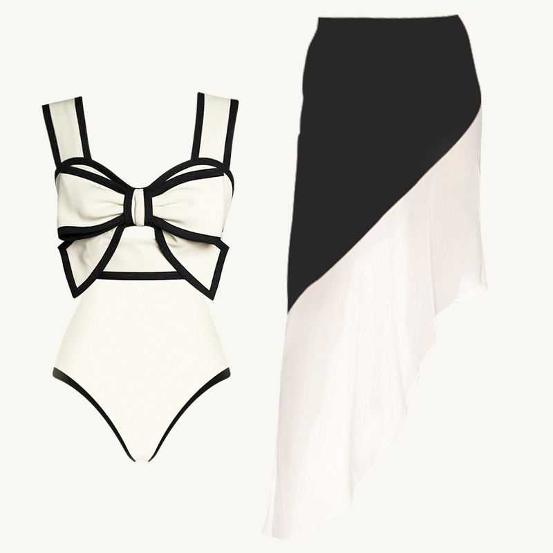 Bow Front Cutout Black and White One Piece Swimsuit and Skirt