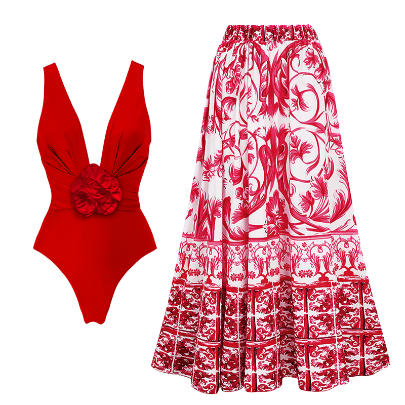 Detachable 3D Flower Red One Piece Swimsuit and Skirt