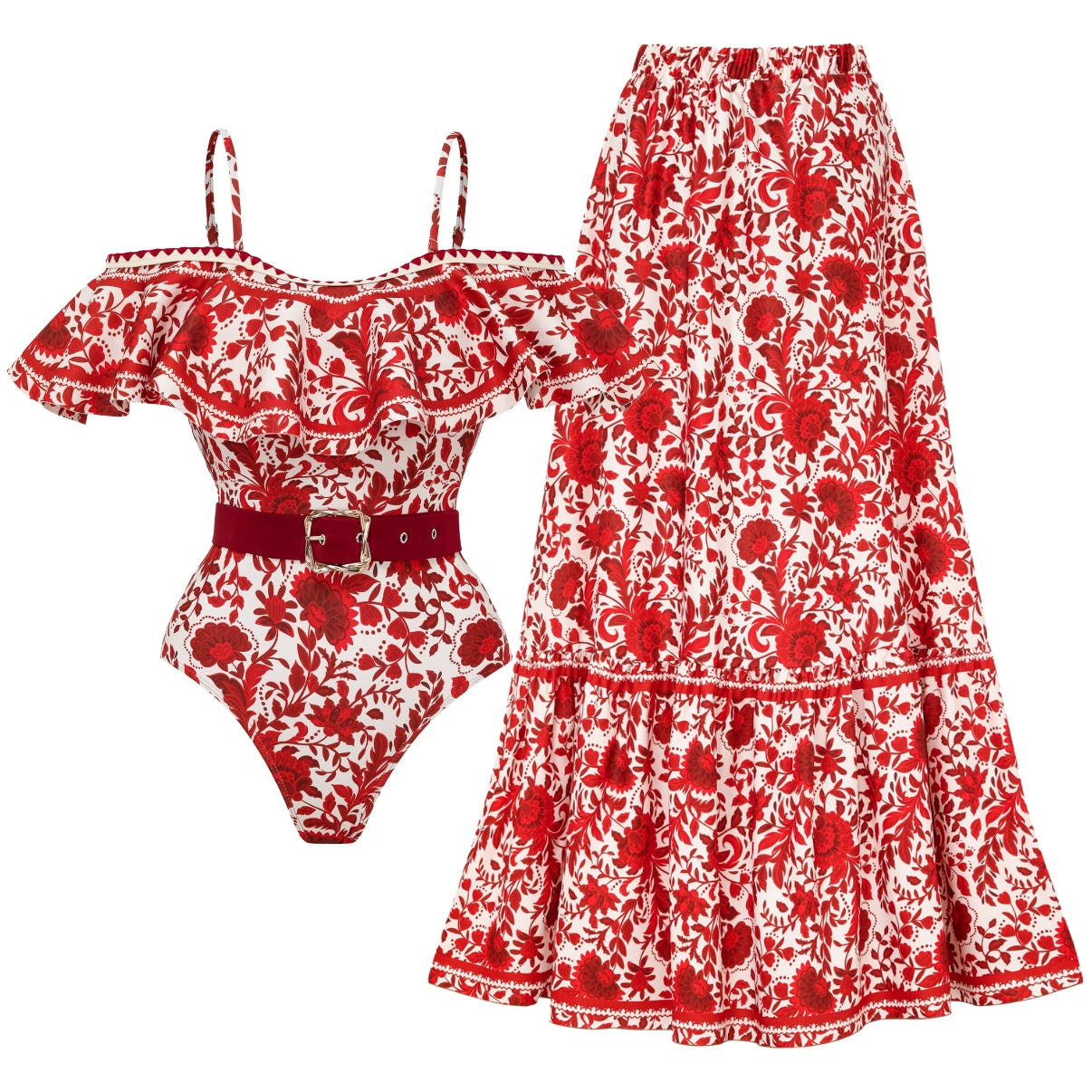 Bandeau Ruffled Red Flower Silhouette Print One Piece Swimsuit and Skirt