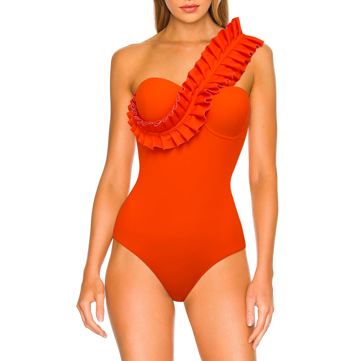 One Shoulder Ruffle One Piece Orange Swimsuit and Sarong