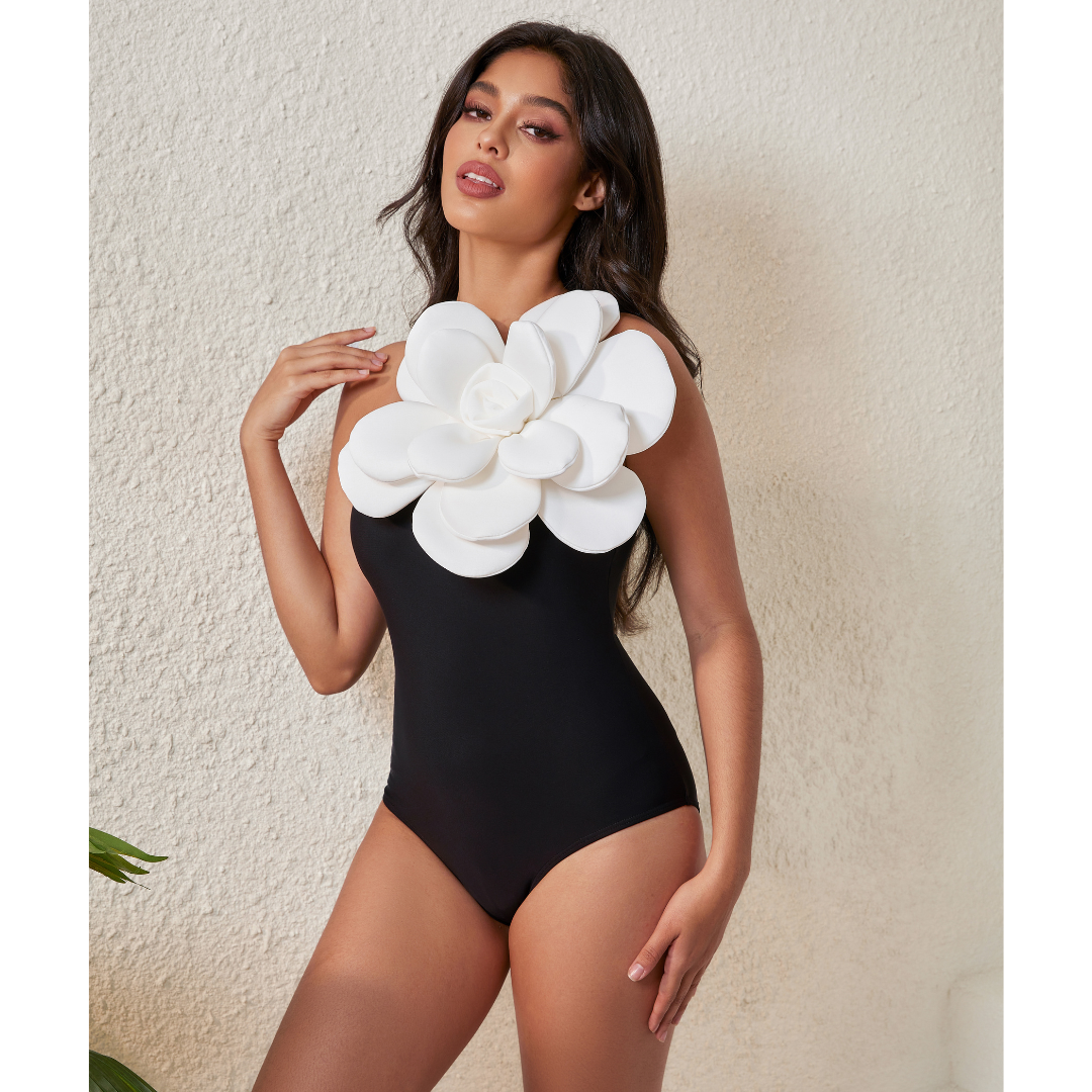 3D Flower One Shoulder One Piece Swimsuit and Skirt