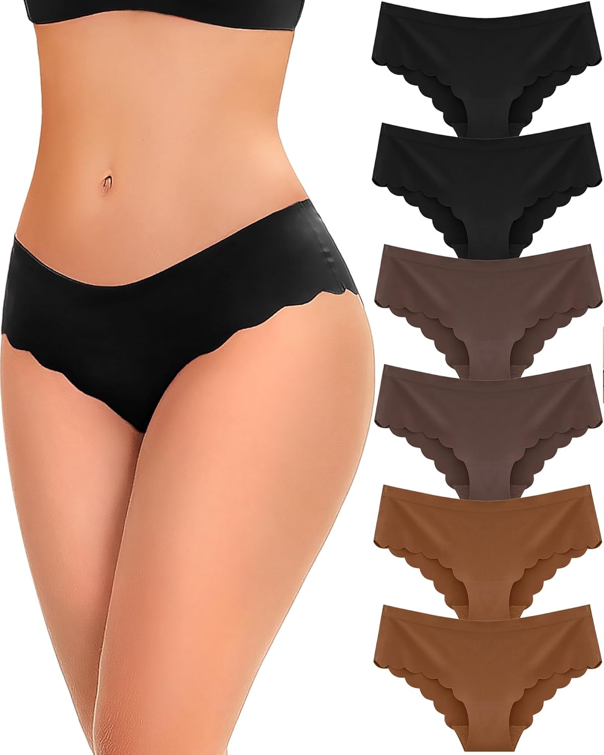 6-Pack Seamless Underwear for Women Sexy Low Rise Hipster Wave Edge No Show Bikini Panties Womens Cheeky