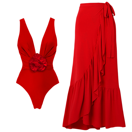 Detachable 3D Flower Red One Piece Swimsuit and Skirt