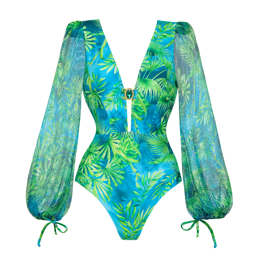 Long-sleeved Jungle Green Print One Piece  Swimsuit and Skirt