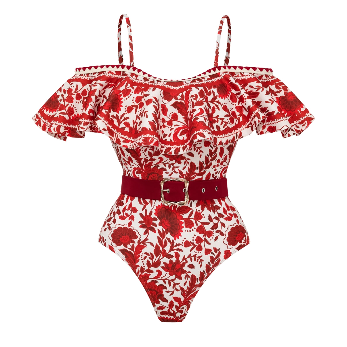 Bandeau Ruffled Red Flower Silhouette Print One Piece Swimsuit and Skirt