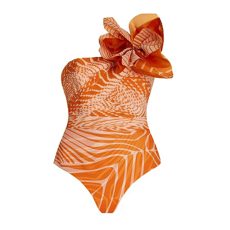 3D Flower Printed One Piece Swimsuit and Skirt