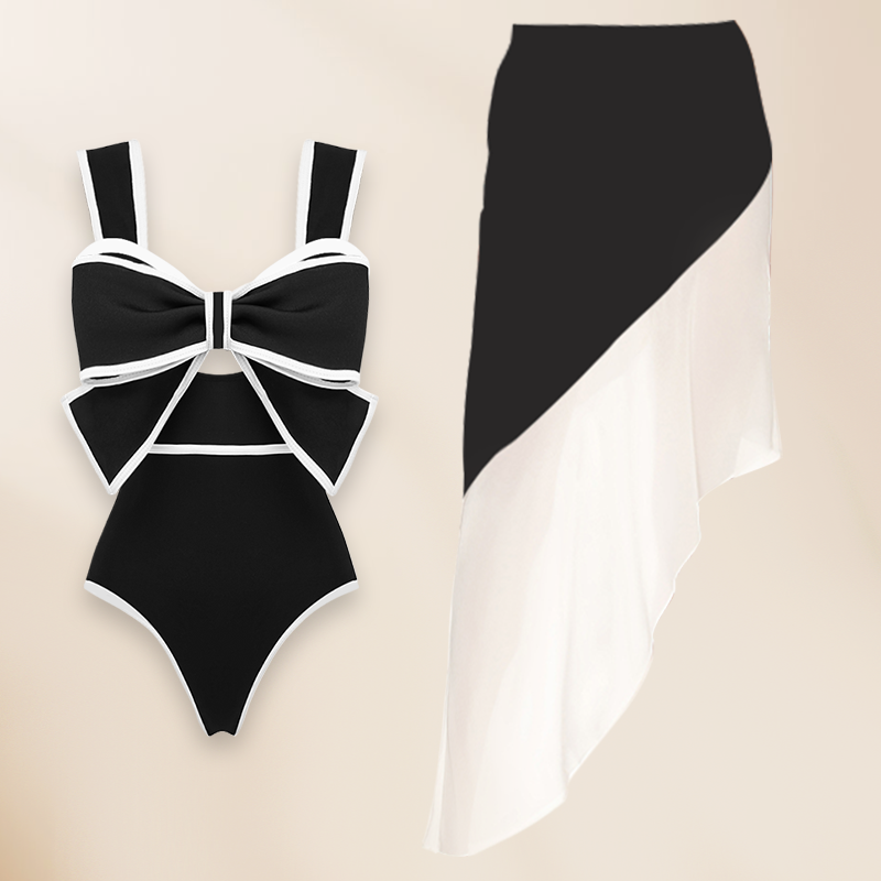 Black and White Bow Decor One Piece Swimsuit and Skirt