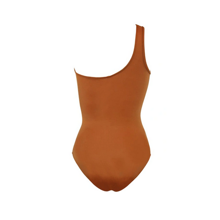 One Shoulder Ruched Rust See Through One Piece Swimsuit and Sarong