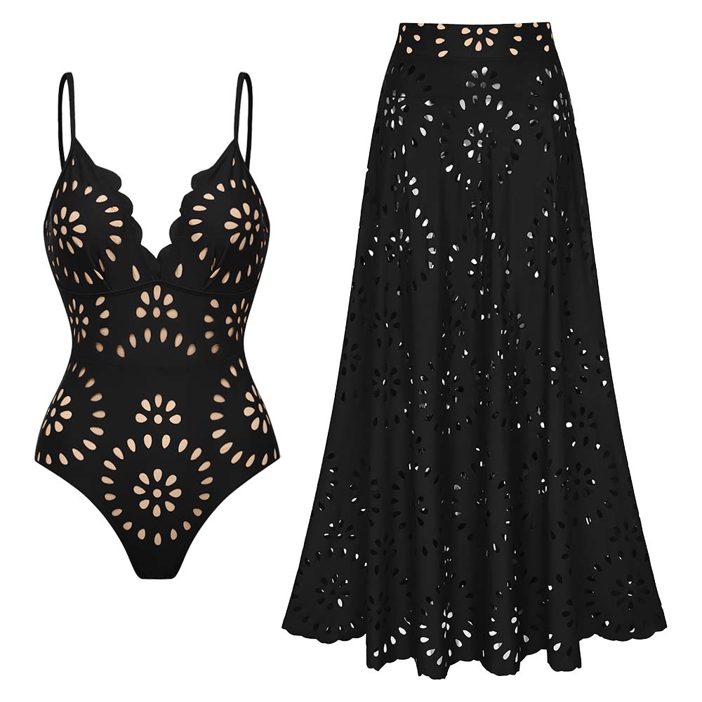 Black Laser Cutting Flower Hollow One Piece Swimsuit and Skirt