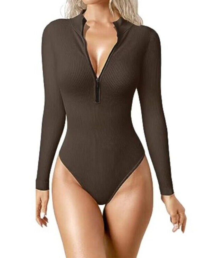 Zipper Front Long Sleeve Sexy Ribbed Long Sleeve Tights