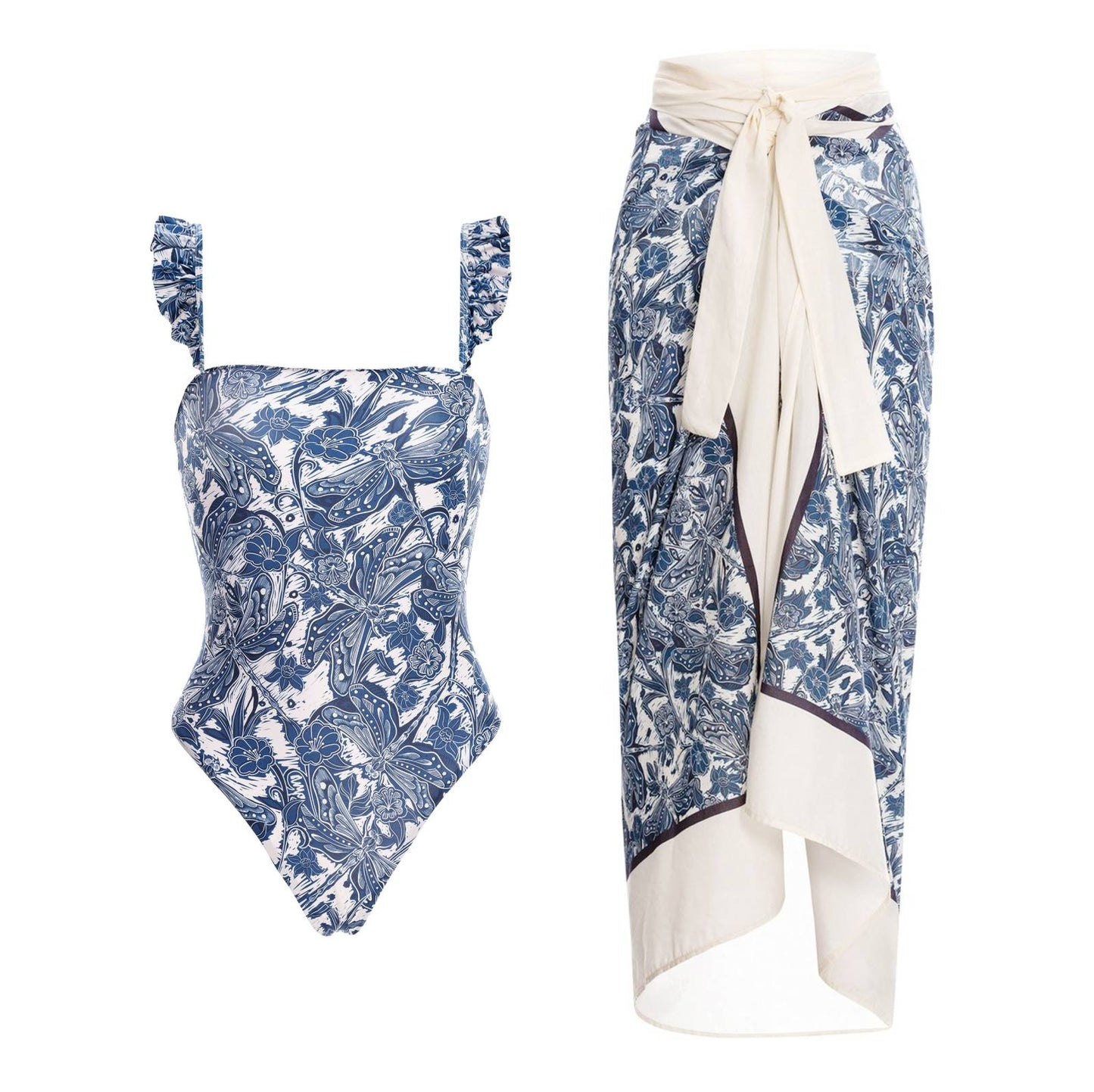 Blue Dragonfly Printed Swimsuit and Sarong