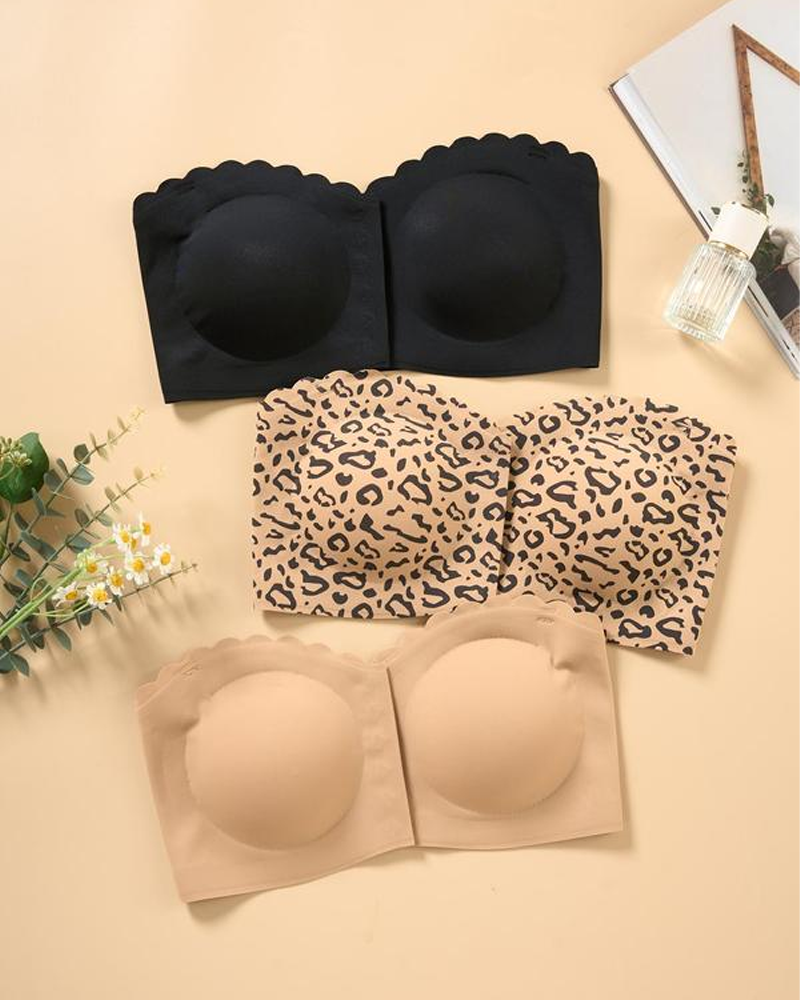 Women's Solid Color/Leopard Print Strapless Bra Scalloped Edge Decorated Front Buckle Non-Steel Ring Lift-Up Bra