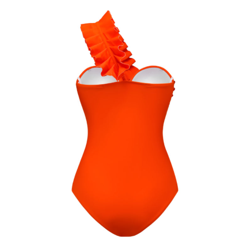 One Shoulder Ruffle One Piece Orange Swimsuit and Sarong