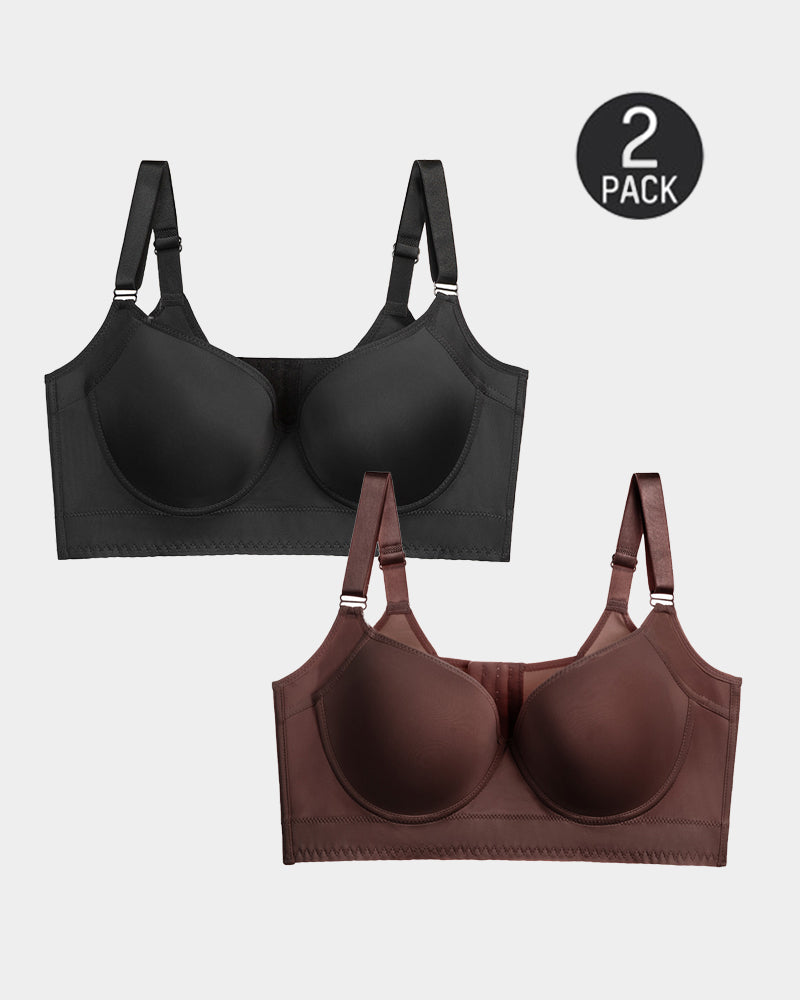 [2-Pack] Extra Firm High Compression Full Cup Push Up Bra - Black+Brown