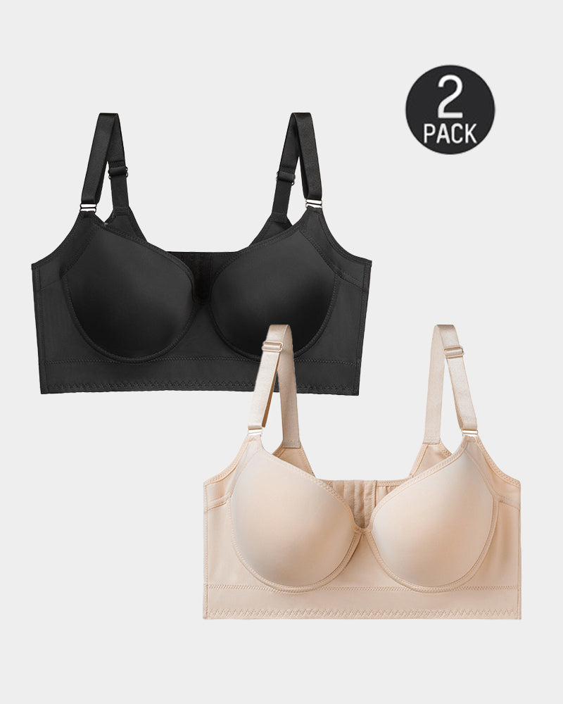 [2-Pack] Extra Firm High Compression Full Cup Push Up Bra - Tan+Black