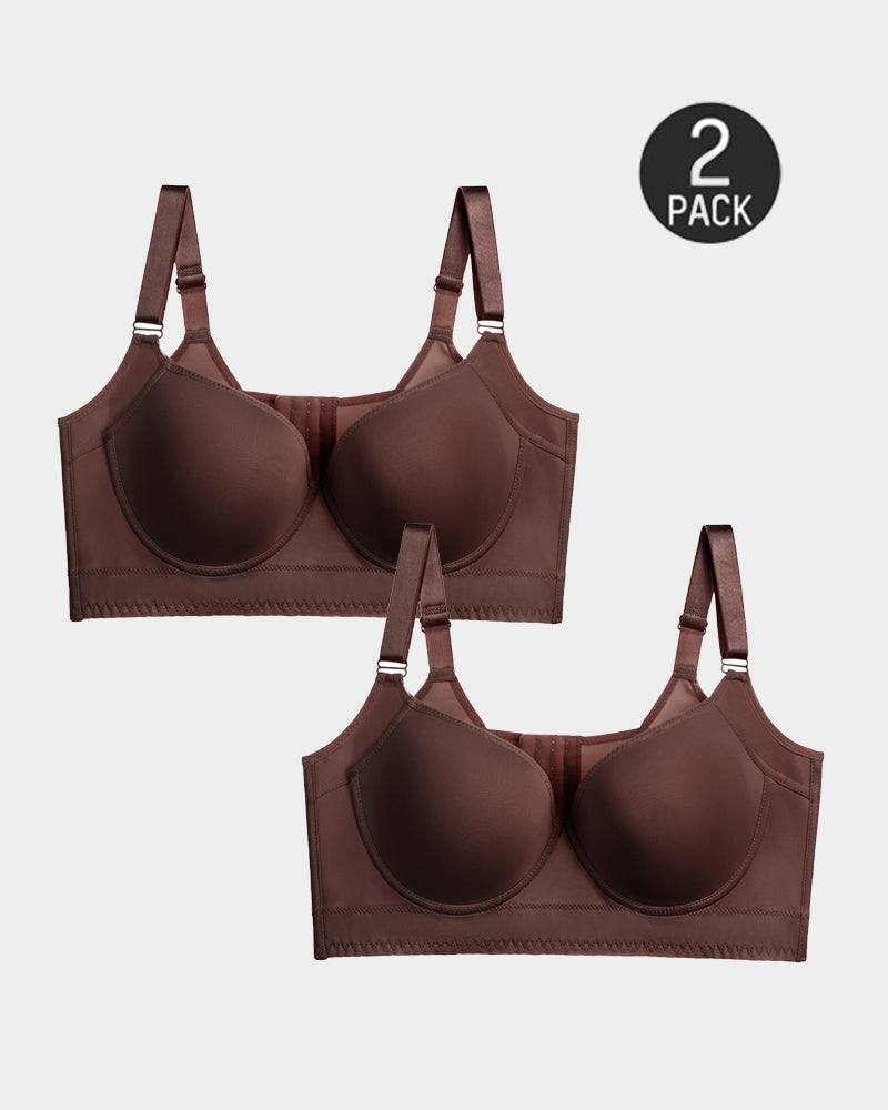 [2-Pack] Extra Firm High Compression Full Cup Push Up Bra - Brown