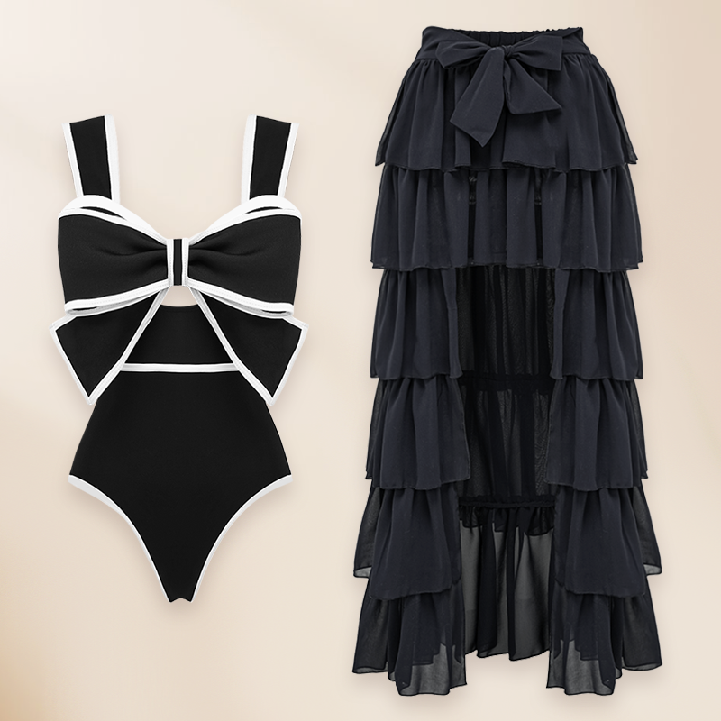 Black and White Bow Decor One Piece Swimsuit and Skirt