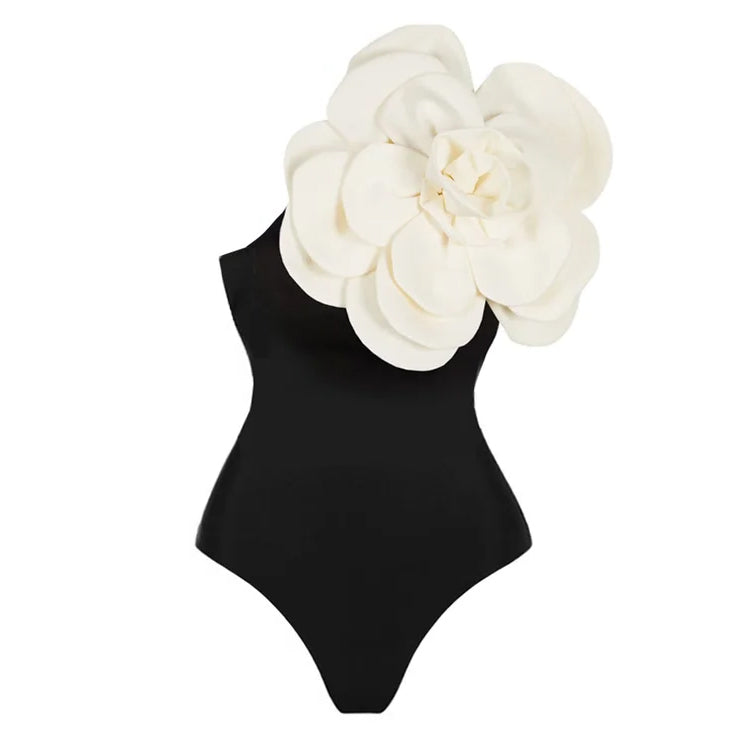 3D Flower One Shoulder One Piece Swimsuit and Skirt