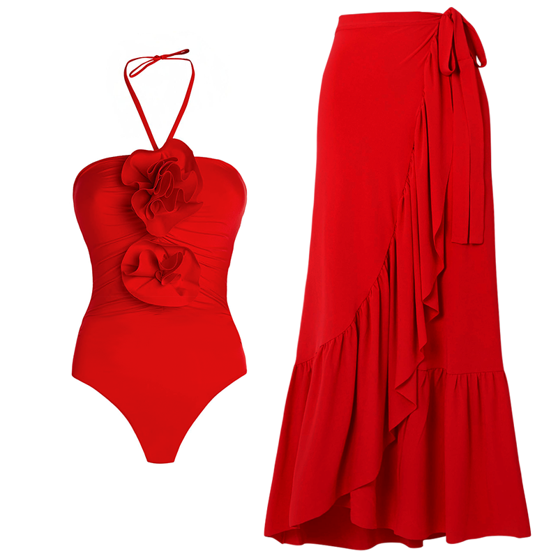 Detachable 3D Flower Red One Piece Swimsuit and Skirt