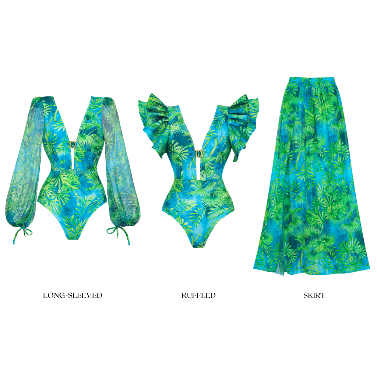 Long-sleeved Jungle Green Print One Piece  Swimsuit and Skirt