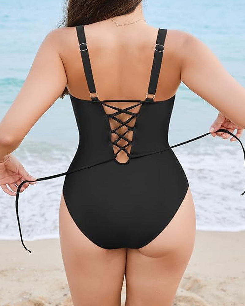 Women's V-neck Tummy Control Cross Back One-Piece Swimsuit