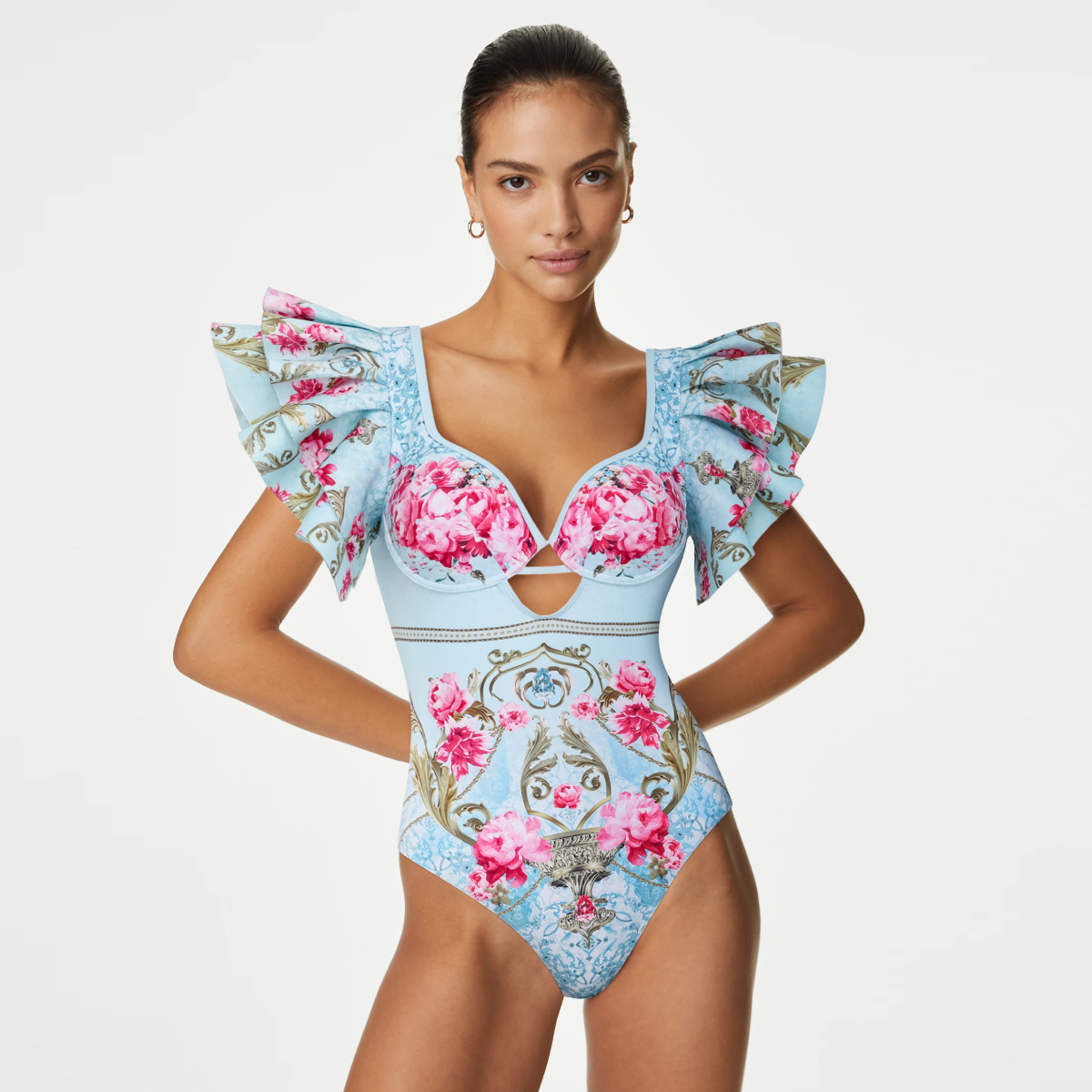 Ruffled Blue Blooming Flowers Print One Piece Swimsuit and Skirt