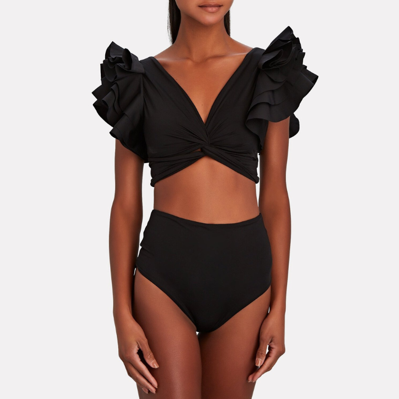 Ruffle Solid Black Bikini Swimsuit