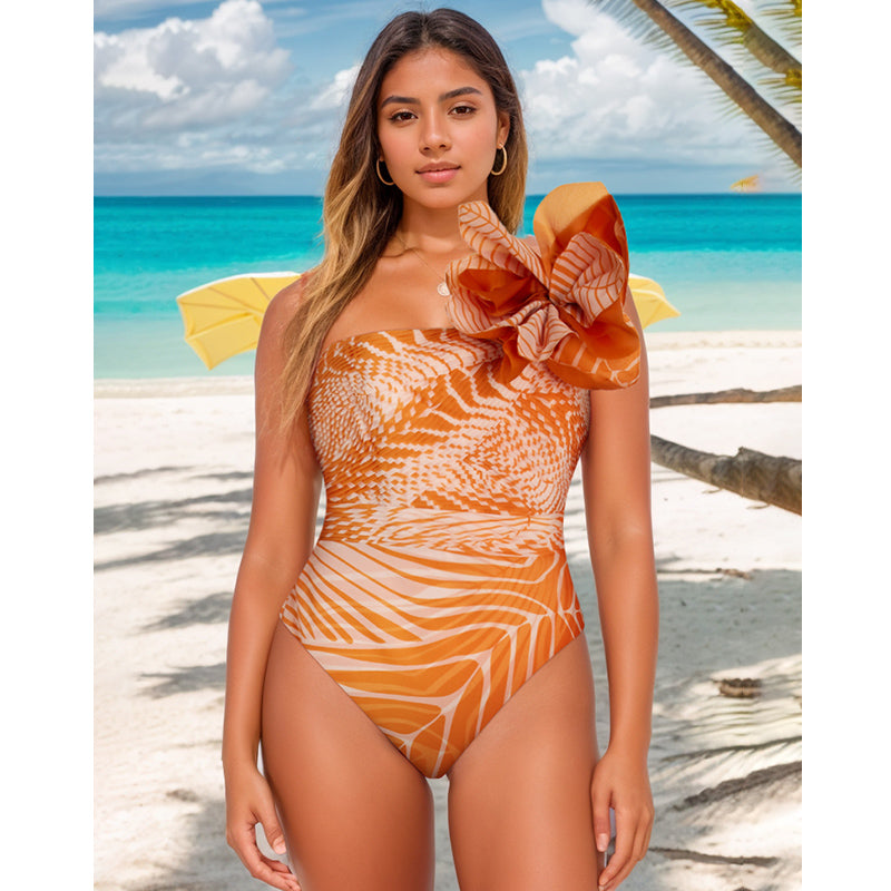 3D Flower Printed One Piece Swimsuit and Skirt