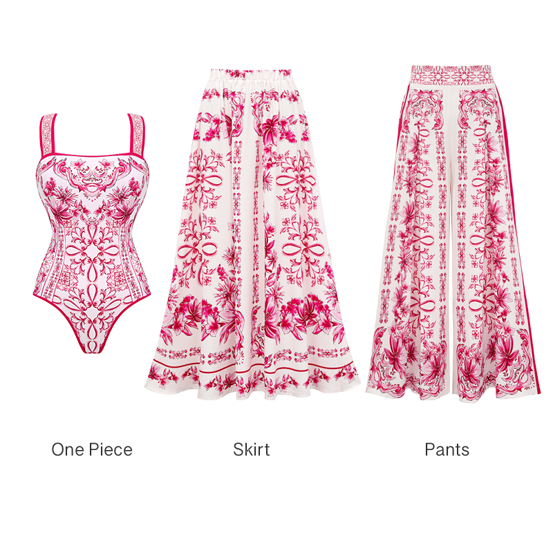 Sling Lily and Majolica Series Pattern Print One Piece Swimsuit and Skirt or Pants